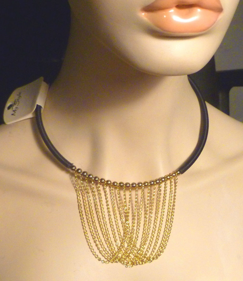 Choker Necklace Gold Ep. beads and chains Silk Wrapped Neckwire Lobster Clasp