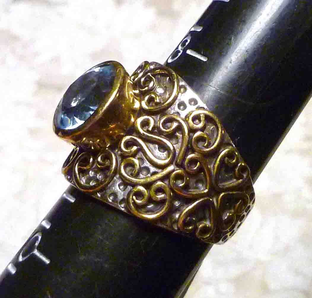 Sky Blue 9mm 7.07cts Topaz Ring 925 Sterling Silver Brass look of Gold Sz 9