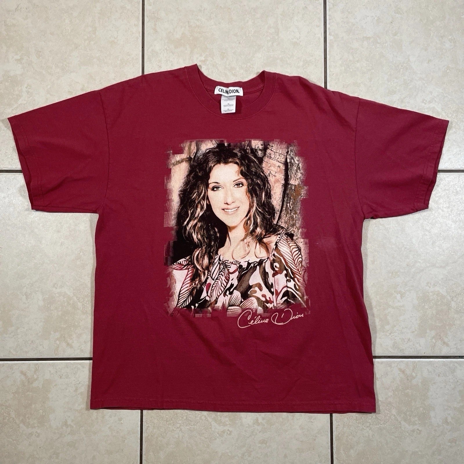 CELINE DION Y2K Official Merchandise Music Tour Portrait Maroon T-Shirt Size L