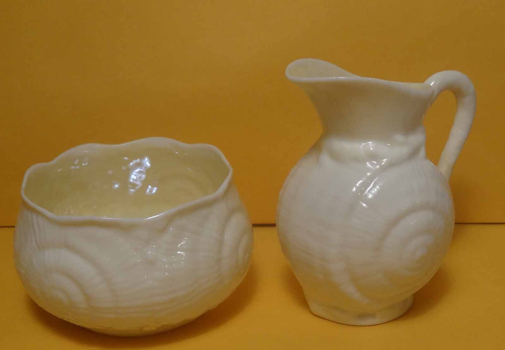 CUTE! BELLEEK Snail Pattern Creamer Sugar Mark 1955 - 65 IRELAND Fermanagh