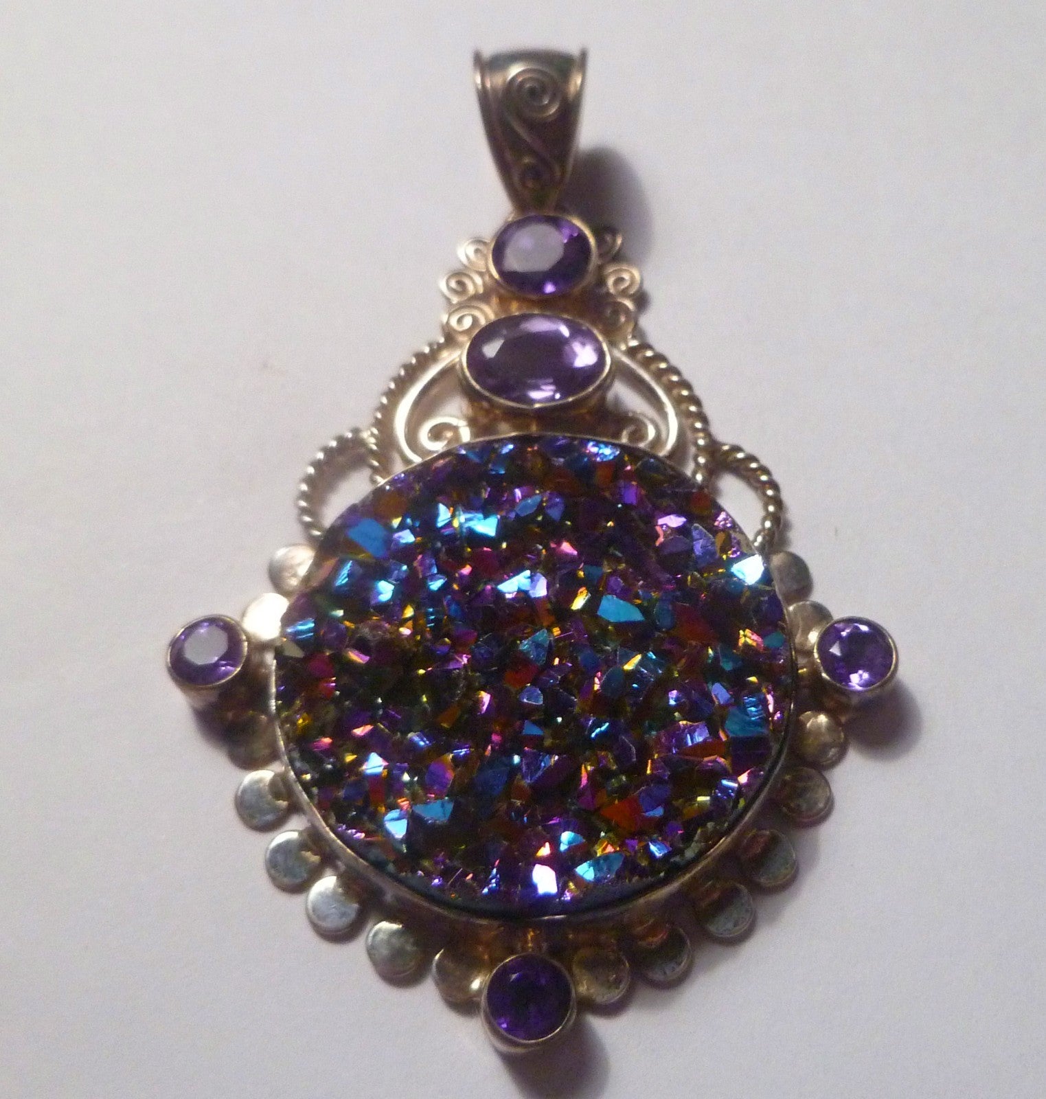 Mystic Drusy .925 Sterling Silver & Amethyst PENDANT 58mm Druzy Filigree