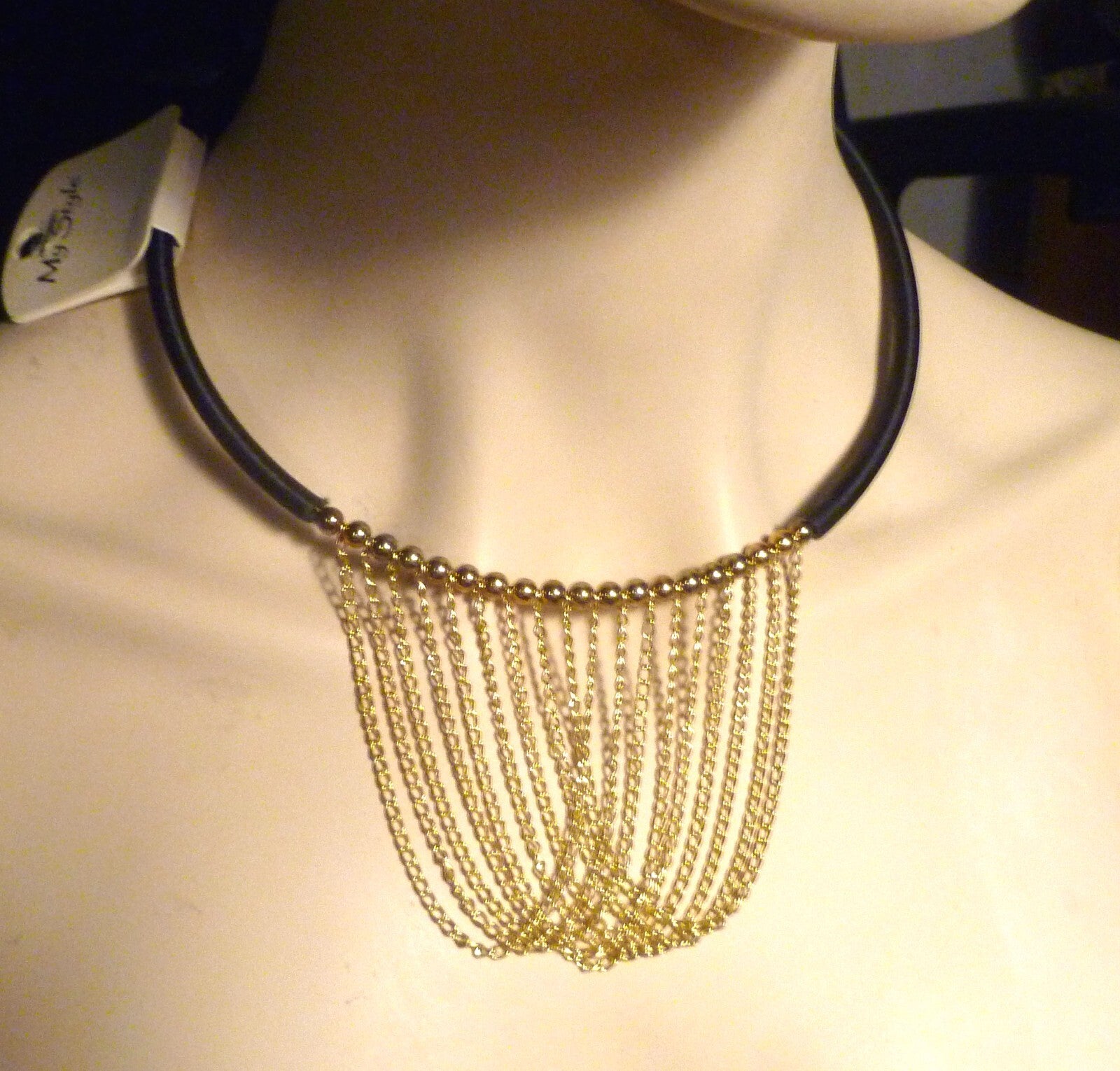 Choker Necklace Gold Ep. beads and chains Silk Wrapped Neckwire Lobster Clasp