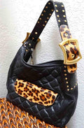Carlos Falchi Designer Hobo Quilted Black Leather Handbag Purse NWT