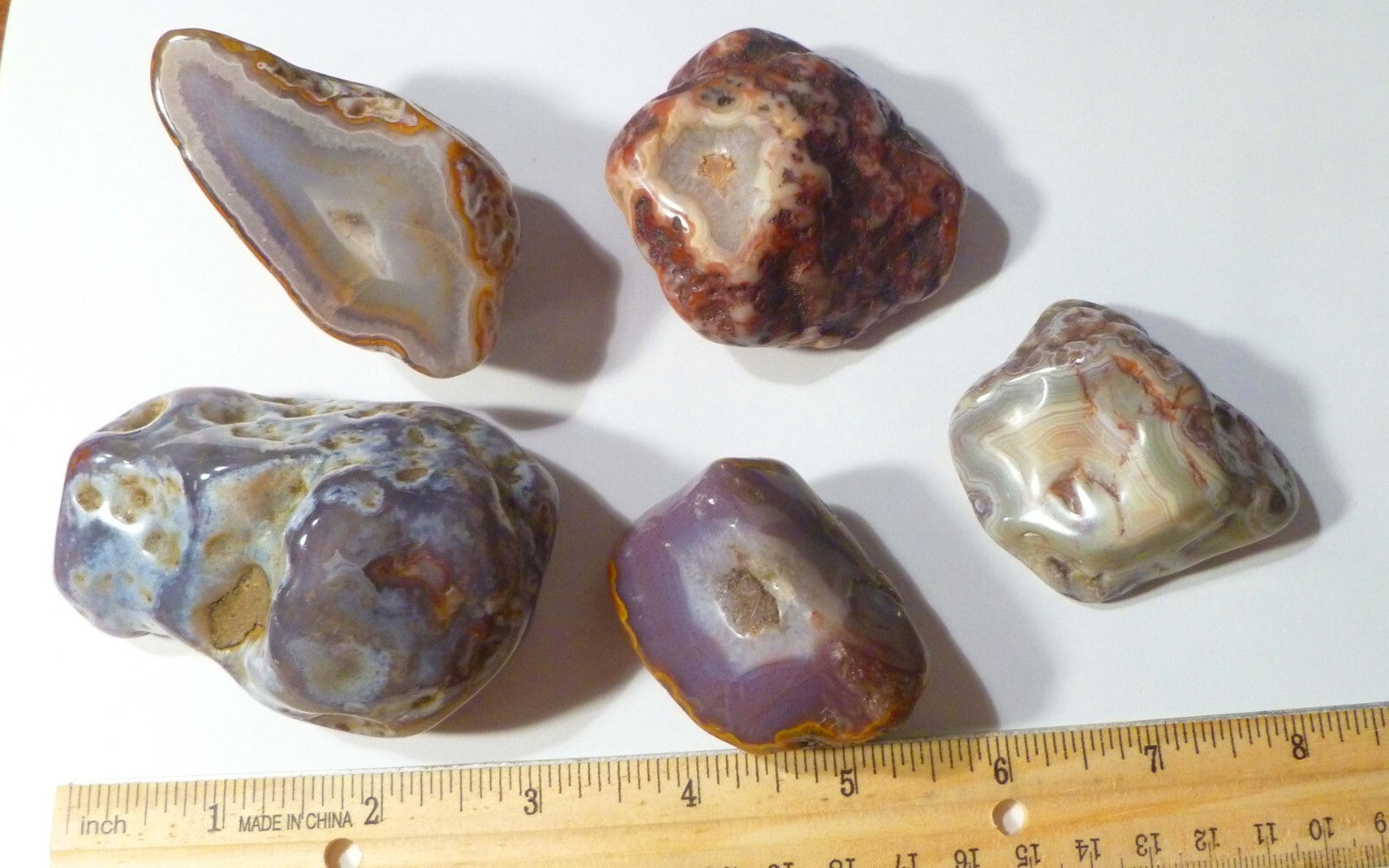 Lot of 5 Banded, Blue, Red agate geodes 1lb 8oz Nice Selection