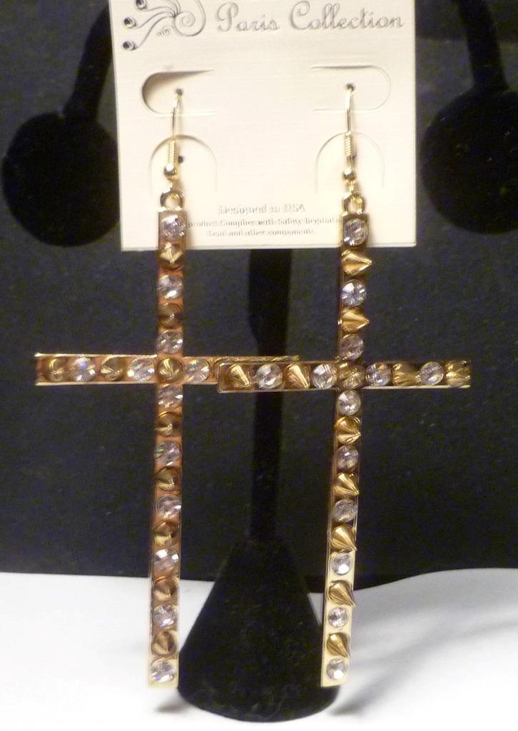 Gold ep Studed White Rhinestone Bling Cross earrings 3.75"