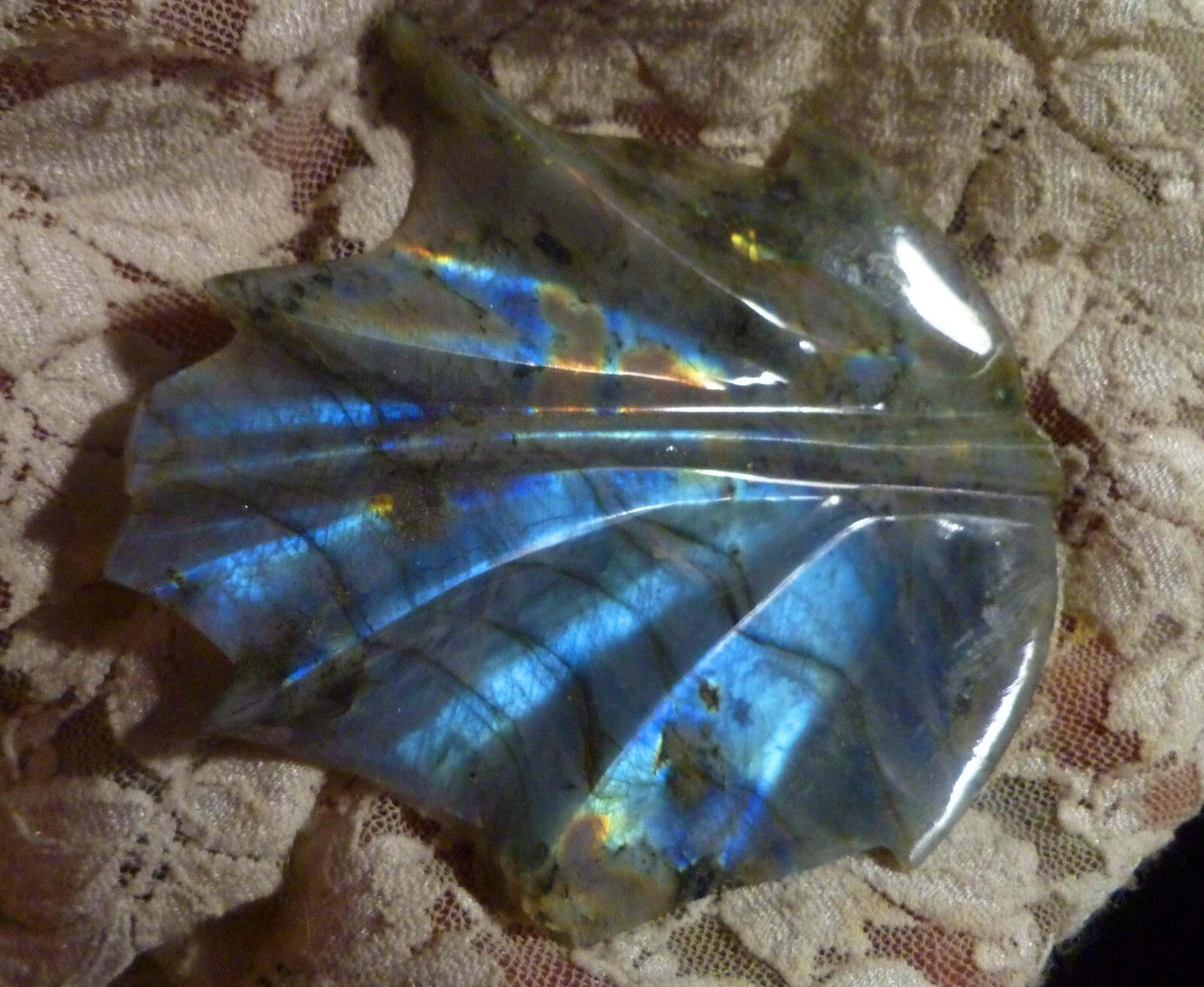 BLUE and GOLD CARVED and POLISHED LABRADORITE LEAF 307cts!