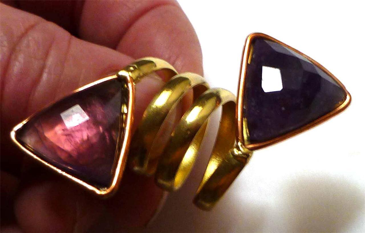 DOUBLE Amethyst Ring Brass, get the look of Gold Adjustable Band Sz 7 -12