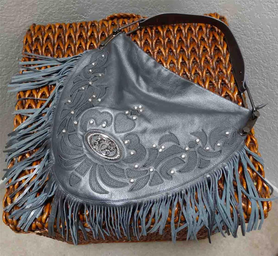 Kissing Cougar SHARIF Desinger Fringe Slouch Hobo Leather Handbag Purse Pewter