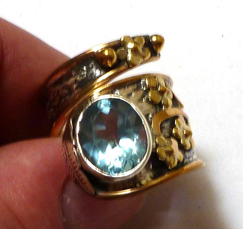 Swiss Blue Topaz Sterling SILVER .925 & Brass Accents BYPASS RING Adjust 6-12