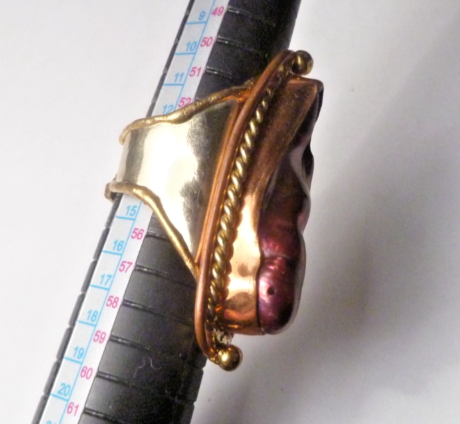 Purple Biwa Pearl Brass Copper & German Silver Ring Size 8