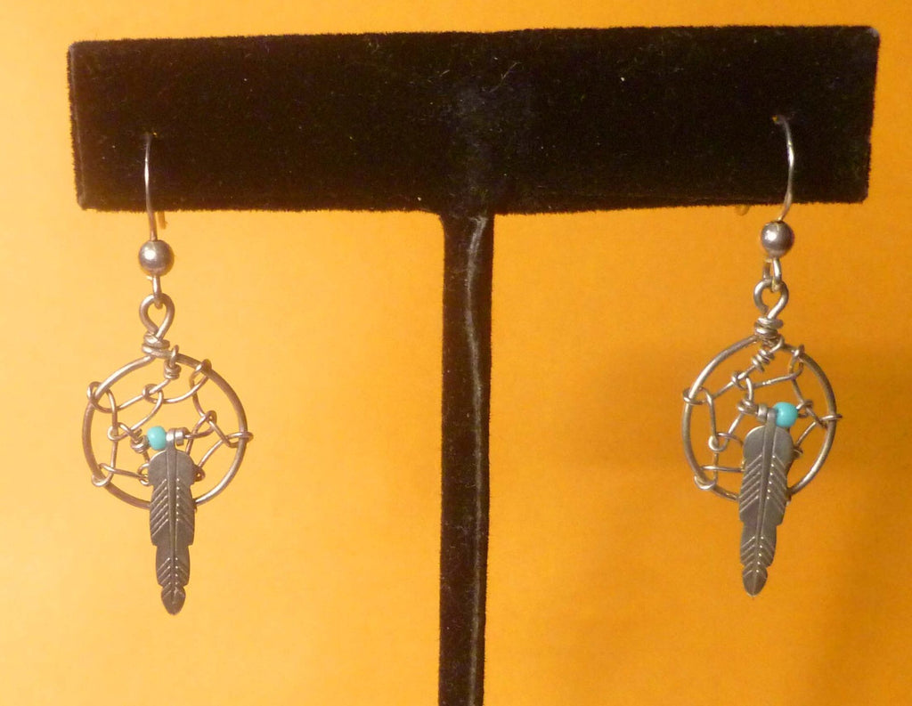 Vintage Sterling Silver Dreamcatcher Earrings With Turquoise Bead And Feather