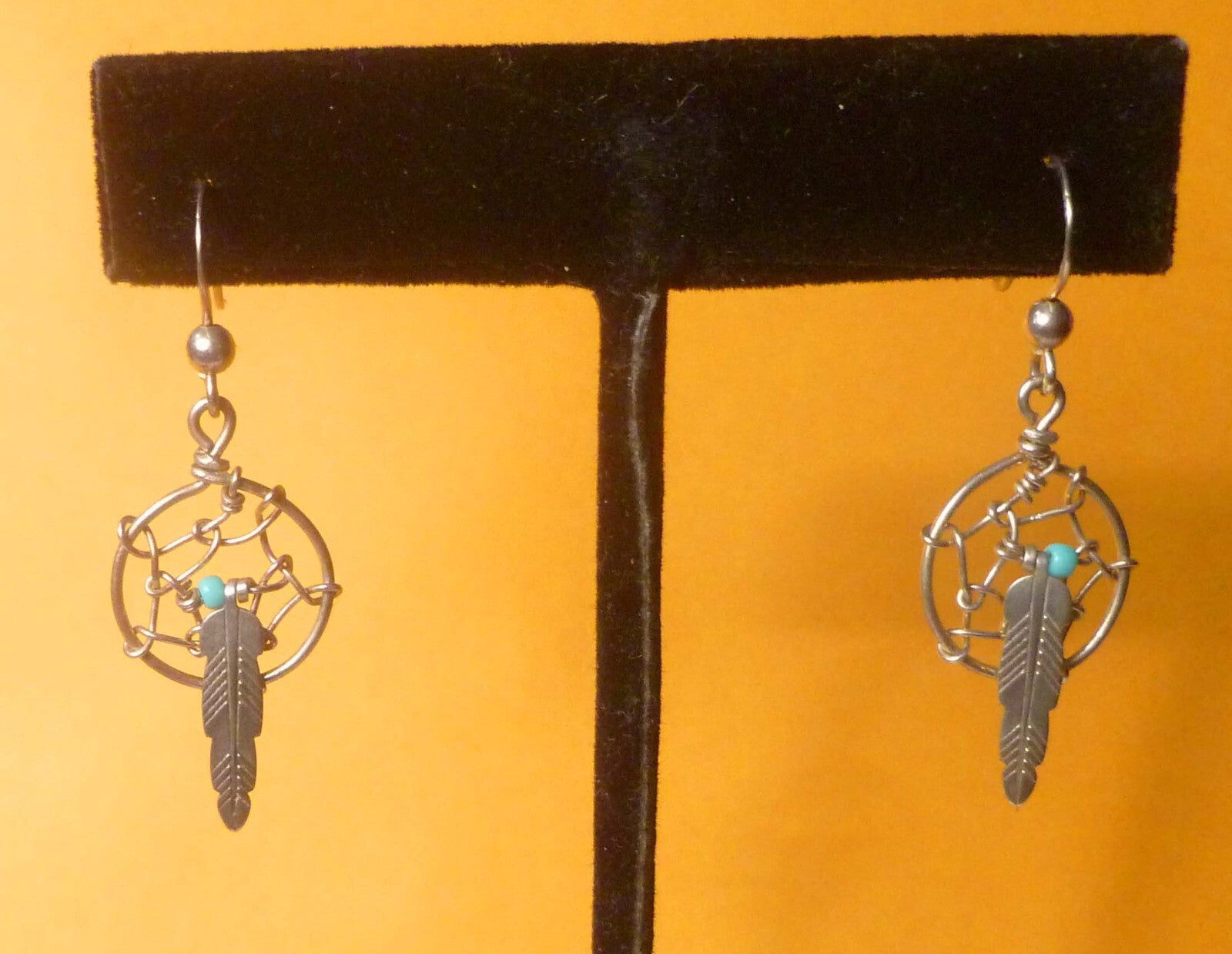 Vintage Sterling Silver Dreamcatcher Earrings With Turquoise Bead And Feather