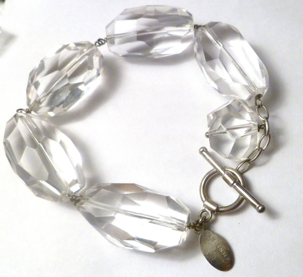 Minimalist Deb Guyot Sterling Silver Chunky Clear FACETED Quartz Bead Bracelet