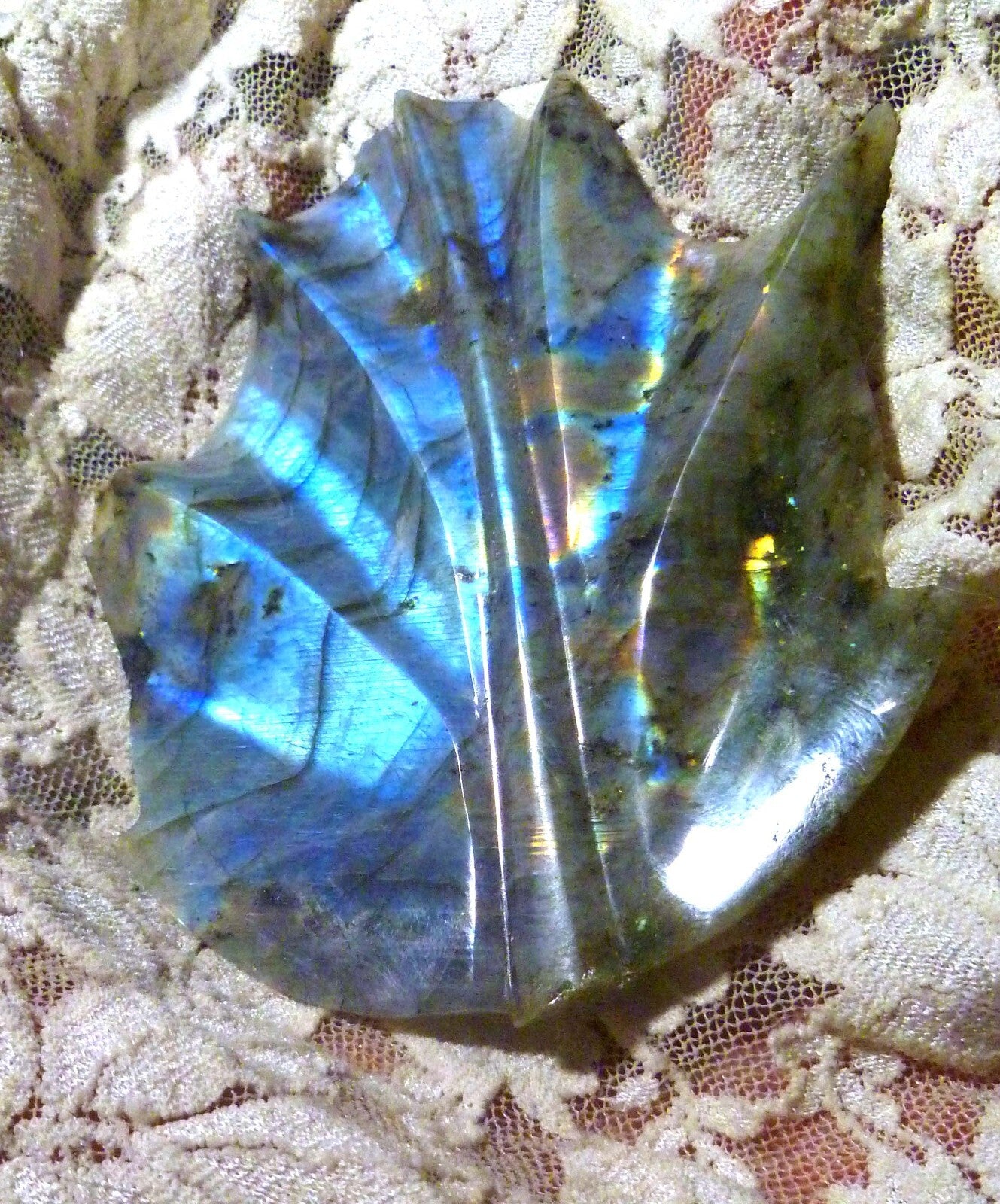 BLUE and GOLD CARVED and POLISHED LABRADORITE LEAF 307cts!