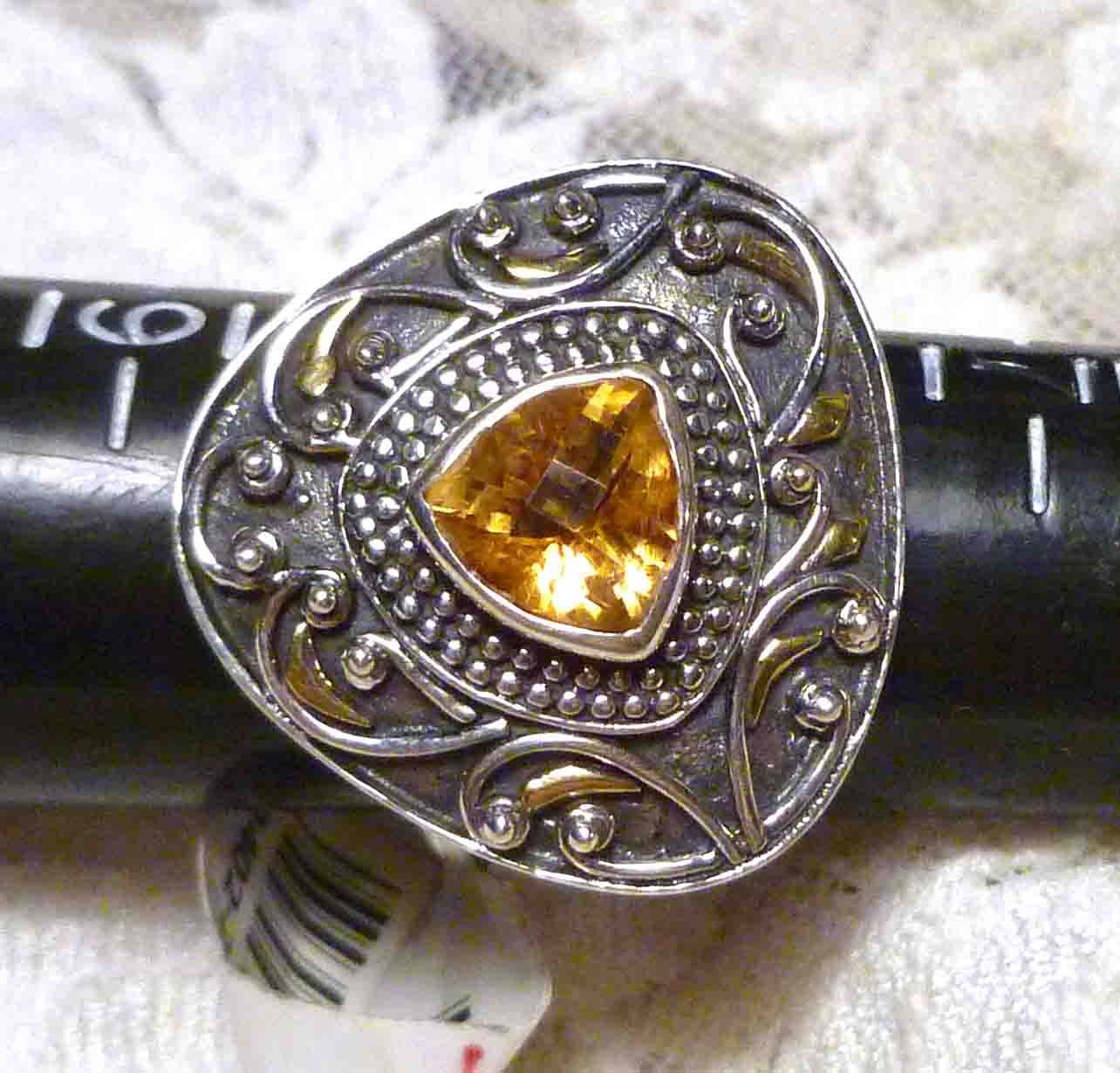 9mm Natural Trillion Citrine 5.71cts Sterling SILVER .925 Brass Accent RING Sz 8