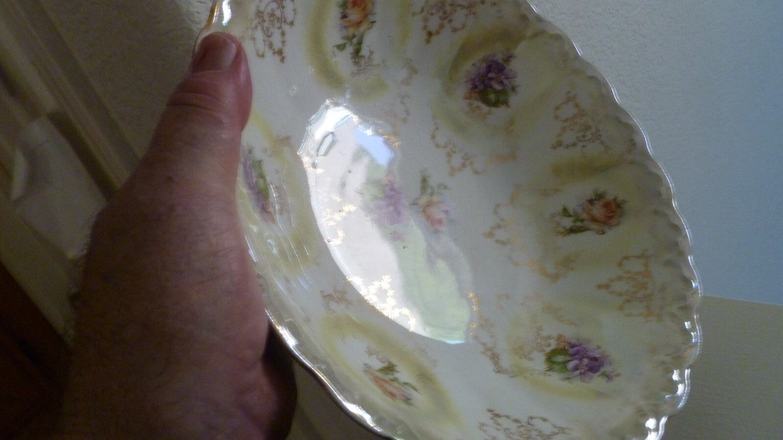 Antique Hand Painted Bowl Floral Design Gilded Gold Design