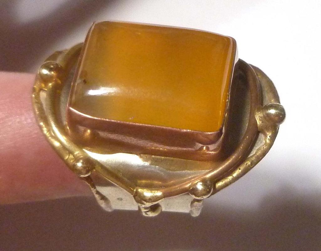 Yellow Chalcedony Brass Copper & German Silver Ring Size 9