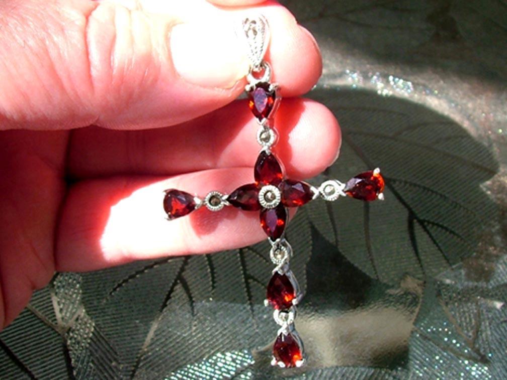 Red Garnet &Marcasite Pendant 925 Sterling Silver Cross CLOSEOUT!