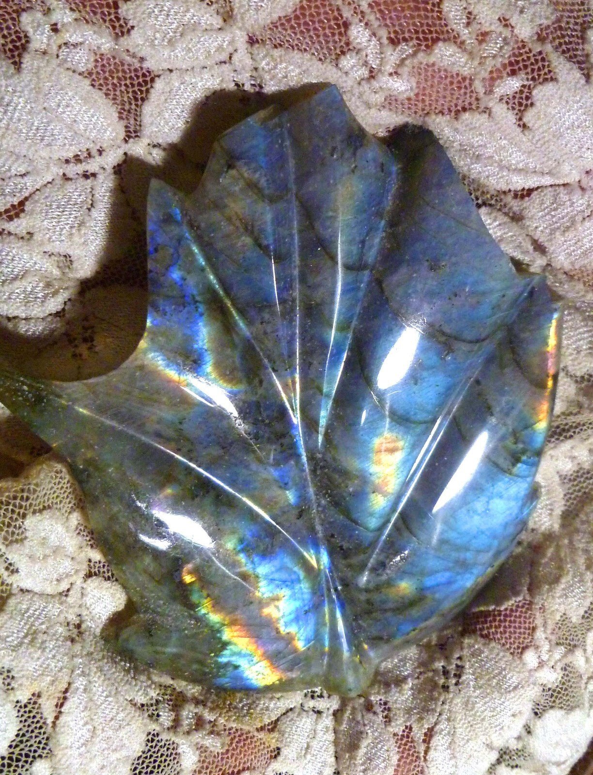 BLUE and GOLD CARVED and POLISHED LABRADORITE LEAF 307cts!