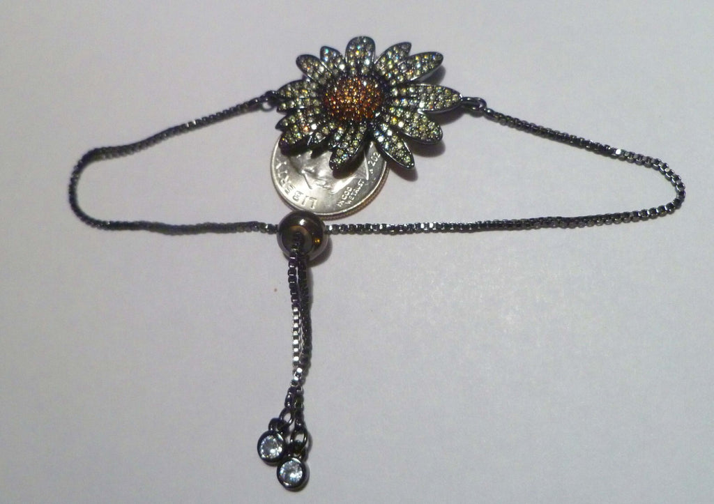 Delicate Crystal Flower Rhodium Silver Bracelet Slide Adjust