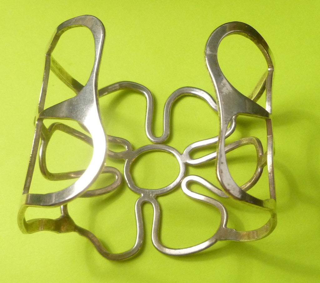 2.25" Silver Plated Bracelet WIDE Cuff Oz. Flowers Vintage