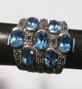 6.1 carats Genuine (7) BLUE TOPAZ 7x5mm Ovals & Marqcasite .925 SILVER RING SZ8