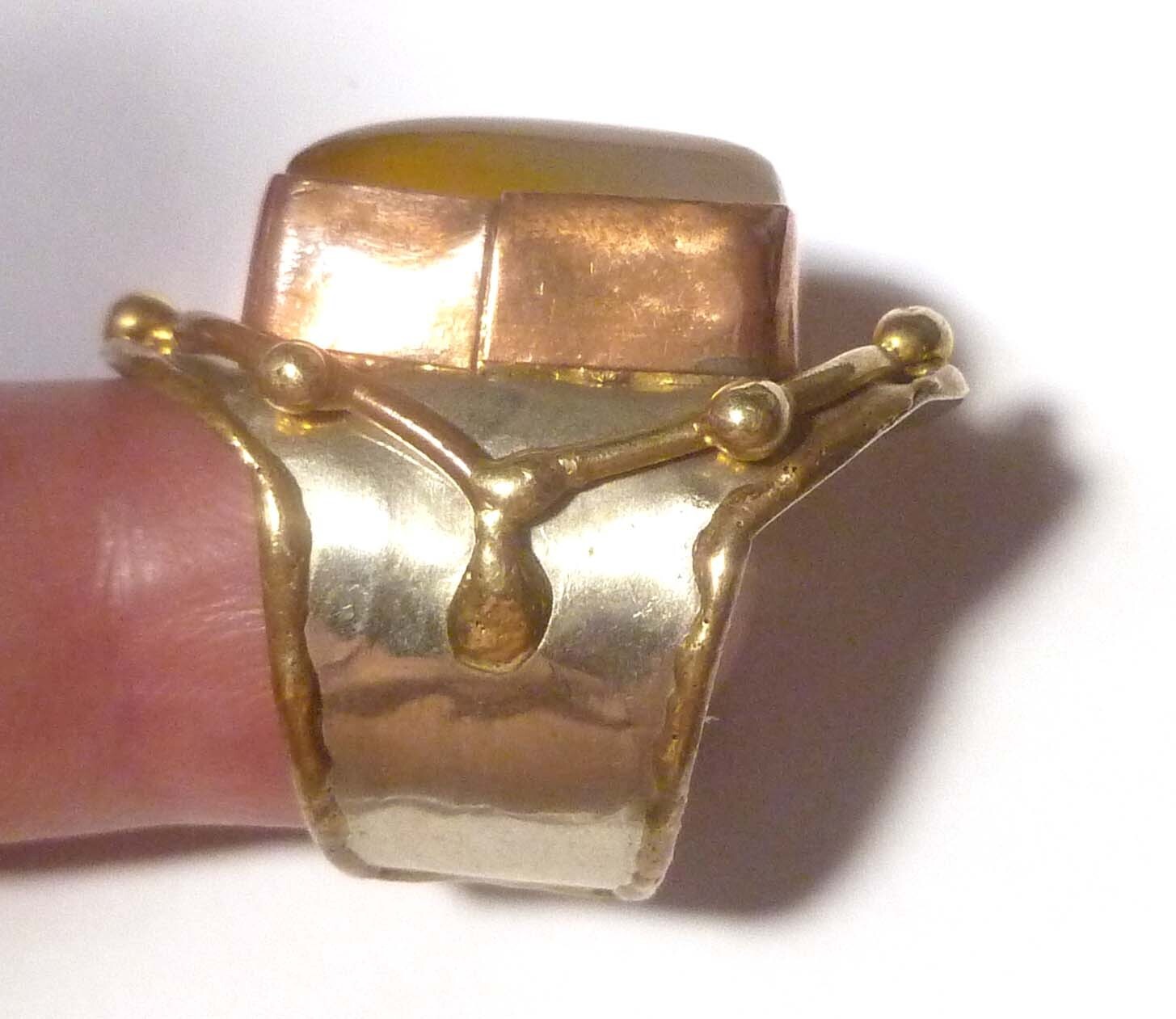 Yellow Chalcedony Brass Copper & German Silver Ring Size 9