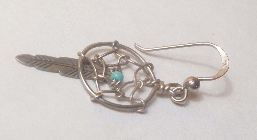Vintage Sterling Silver Dreamcatcher Earrings With Turquoise Bead And Feather